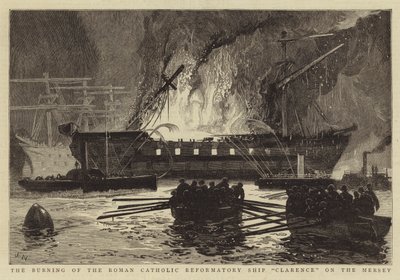 Afbrænding af det romersk-katolske reformationsskib Clarence på Mersey af Joseph Nash